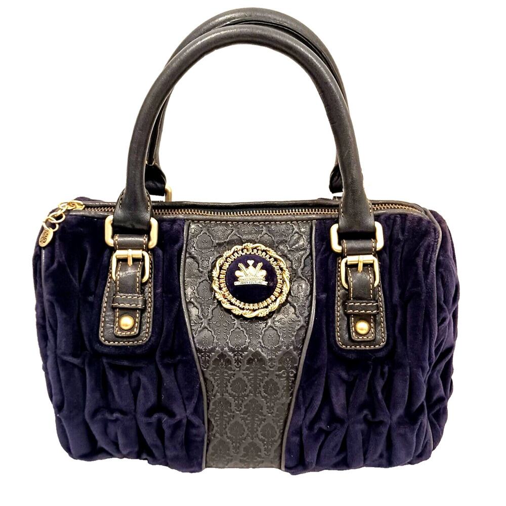 Juicy Couture TUFTED Blue VELVET &‎ LAMB LEATHER Royal Crown Crest Handbag